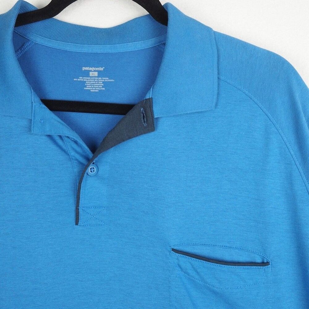 Patagonia Polo Shirt Versatiliti Cotton Tencel Mens XL Blue Vitaliti Pocket Logo